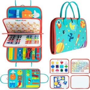 Carte Senzoriala Educativa Montessori, Flippy, cu Activitati, Dezvoltare Abilitati Motorii, 4 Pagini, Model Spatiu Cosmic, 28x22x7 cm, Albastru - Img 9