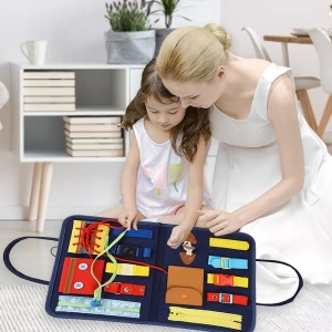 Carte Senzoriala Educativa Montessori, Flippy, Dezvoltare Abilitati Motorii, 2 Pagini, 28x22x3 cm, Albastru - Img 5