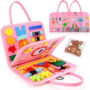 Carte Senzoriala Educativa Montessori, Flippy, Dezvoltare Abilitati Motorii, 3 Pagini, Model Sirena si Alfabet, 28x25x4 cm, Roz - Img 3