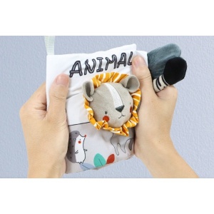 Carte Senzoriala, Flippy, pentru Bebelusi, 15x16x6 cm, cu Animalute, 3D, Cu Sunete si Fosnete, 0-3 Ani, Model Leu, Gri - Img 7