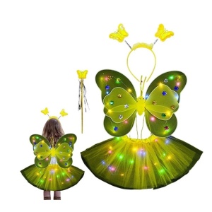 Costum Fluturas cu Aripi Modelabile Luminoase pentru Copii, Flippy, Fusta din Tul cu Lumini, Bagheta si Bentita, 4 piese, Pentru Halloween, Roleplay, Craciun, Carnaval, Paste, Ziua Copilului, Bumbac/Poliester, Marime universala, Galben - Img 2