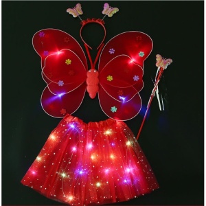 Costum Fluturas cu Aripi Modelabile Luminoase pentru Copii, Flippy, Fusta din Tul cu Lumini, Bagheta si Bentita, 4 piese, Pentru Halloween, Roleplay, Craciun, Carnaval, Paste, Ziua Copilului, Bumbac/Poliester, Marime universala, Rosu - Img 2