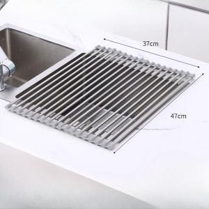 Covoras de Scurgere pentru Chiuveta Bucatarie, din Otel Inoxidabil, Suport Chiuveta, Pliabil, Antiderapant, Usor de Curatat si de Depozitat, 47x37cm, 18 Tuburi, Gri - Img 6