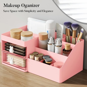 Cutie de Depozitare pentru Birou, Flippy, Pentru Makeup, Papetarie, Organizator Cosmetice, 2 Sertare si Compartimente Multiple, Model Iepuras, Plastic, 27.5x15.5x12 cm, Roz - Img 7