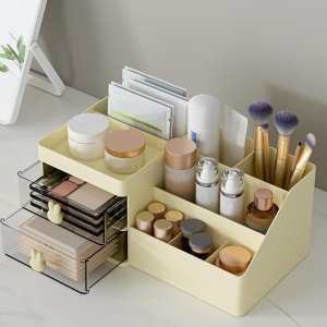 Cutie de Depozitare pentru Birou, Flippy, Pentru Makeup, Papetarie, Organizator Cosmetice, 2 Sertare si Compartimente Multiple, Model Iepuras, Plastic, 27.5x15.5x12 cm, Crem - Img 3