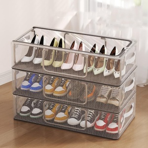 Cutie de Depozitare pentru Pantofi, Flippy, 60*30*21CM , din Plasa PVC Impermeabila si Cadru de Otel, Pliabila, Fermoar Bidirectional, Transparenta - Img 6