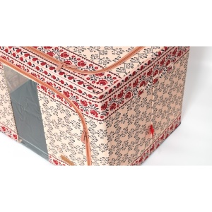 Cutie de Depozitare Pliabila, Flippy,100 L din Bumbac si In, 60X42X40 cm, Fereastra Frontala, 2 Usi de Acces cu Fermoar Bidirectional, Cadru Metalic, Suport Baza Stabil din Plastic, Motiv Traditional Model 3 - Img 5