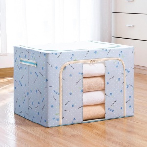 Cutie de Depozitare Pliabila, Flippy, 100 L, din Tesatura Oxford, 60x42x40 cm, Fereastra Frontala, 2 Usi de Acces cu Fermoar Bidirectional, Cadru Metalic, Suport Baza Stabil din Plastic, Imprimeu Cirese, Albastru - Img 2