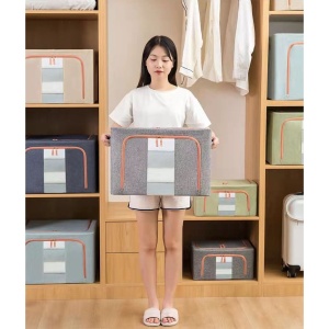 Cutie de Depozitare Pliabila, Flippy, 66 L, din Bumbac si In, 50x40x33 cm, Fereastra Frontala, 2 Usi de Acces cu Fermoar Bidirectional, Cadru Metalic, Suport Baza Stabil din Plastic, Gri - Img 12