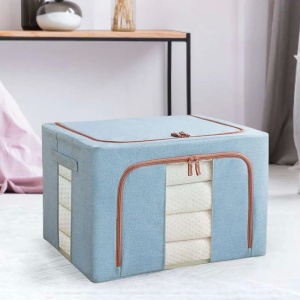 Cutie de Depozitare Pliabila, Flippy, 66 L, din Bumbac si In, 50x40x33 cm, 2 Ferestre, Frontala si Laterala, 2 Usi de Acces cu Fermoar Bidirectional, Cadru Metalic, Suport Baza Stabil din Plastic, Bleu - Img 1