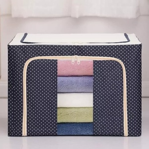 Cutie de Depozitare Pliabila, Flippy, 66 L, din Panza Oxford, 50x40x33 cm, 2 Ferestre, Frontala si Laterala, 2 Usi de Acces cu Fermoar Bidirectional, Cadru Metalic, Suport Baza Stabil din Plastic, Imprimeu Buline, Albastru Marin - Img 3