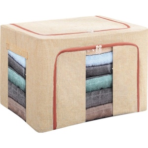 Cutie de depozitare pliabila, Flippy, Cu fermoar, 66 L, Textil, 50x40x33 cm, Cadru Metalic, Suport Baza Stabil din Plastic, Crem - Img 5