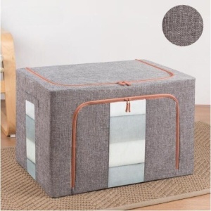 Cutie de depozitare pliabila, Flippy, Cu fermoar, 66 L, Textil, 50x40x33 cm, Gri, Cadru Metalic, Suport Baza Stabil din Plastic, Cu doua ferestre - Img 3