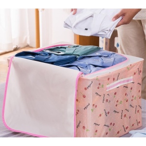 Cutie de Depozitare Pliabila, Flippy, Cu Fermoar, 66 L, Textil, 50x40x33 cm, cu Fereastra, Cadru Metalic, Suport Baza Stabil din Plastic, Imprimeu Cirese, Roz - Img 2