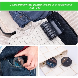 Cutie Depozitare Medicamente, Flippy, 7 Zile, 14 Compartimente, Cutie Suport, Recipiente Detasabile, Portabila, Negru, 17.5x11x9.5 cm - Img 4