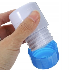 Cutie Pastile Multifunctionala, Flippy, 4 in 1, Pahar Apa, Taiere, Sfaramare, Depozitare, Compact, ABS cu Lama din Inox, Alb/Albastru, 8.7x6.2x4.1 cm - Img 7