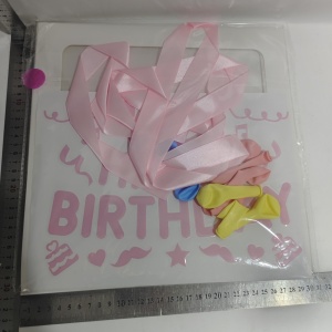 Cutie pentru Baloane, Flippy, Tematica Aniversare, Model Scris Happy Birthday, Baloane Albastre, Roz, Galbene si Panglica Incluse, Contur Alb, Transparenta, 30x30 cm - Img 2