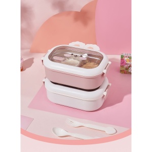 Cutie pentru Pranz sau Gustari, Flippy, cu Doua Compartimente, Model Iepuras, pentru Copii si Adulti, Etansare, PP, Perfect pentru Scoala si Birou, 1000 mL, 22x17.8x8 cm, Roz - Img 3