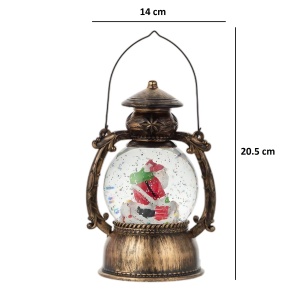 Decoratiune Craciun, Tip Felinar, Figurine Mos Craciun pe Cos, 3 Moduri, Functie Muzicala, Zapada in Miscare, Functioneaza Cu Baterii ( 3 x AA neincluse), Cablu USB (Inclus), Model Vintage Negru - Auriu, 14 x 11 x 20.5 cm, Alb Cald - Img 2
