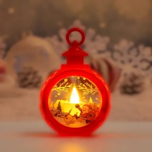 Decoratiune Craciun tip Felinare cu baterii, 13.5 x 9 cm,Lumanare cu geam si inscriptie Mos Craciun cu sanie,lumina alb cald,baterii incluse,Rosu - Img 3