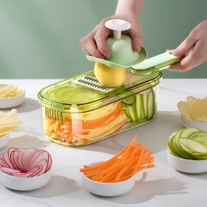 Feliator Multifunctional, Flippy, 3 in 1, pentru Fructe si Legume, 6 Piese, Maner, Lame de Inox, Recipient Stocare, Protectie Mana, ABS, 35x12x9.4 cm, Verde - Img 10