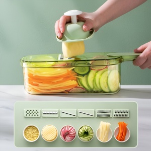 Feliator Multifunctional, Flippy, 6 in 1, pentru Fructe si Legume, 9 Piese, Maner, Lame de Inox, Recipient Stocare, Protectie Mana, ABS, 35x12x9.4 cm, Verde - Img 11
