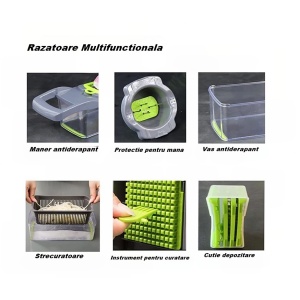 Feliator Multifunctional, Flippy, Razatoare, 8 in 1, pentru Fructe si Legume, 10 Piese, Lame de Inox, Recipient Stocare, Separator Oua, Protectie Mana, ABS, 32.2x11.3 cm, Verde/Gri - Img 7