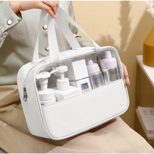 Geanta cosmetice Flippy, pentru voiaj sau organizare, material PVC/textil, impermeabila, portabila, 26 x 15 x 10 cm, alb - Img 2