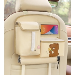 Geanta Multifunctionala de Depozitare, Flippy, pentru Bancheta din Spate a Masinii, Animat, Model Ursuleti, Scris Good Day, Suport Servetele si Telefon, 25x31 cm, Bej - Img 3