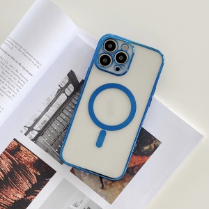 Husa MagSafe pentru Apple iPhone 13 Pro, Protectie camera, Full TPU, Margini colorate Electroplating, Magnetica, Incarcare Wireless, Flippy, Albastru - Img 2