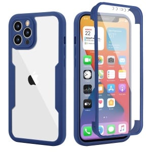 Husa Max Defence pentru Samsung Galaxy S22, Bumper Albastru, Fata Dubla Transparenta, Protectie Antisoc Full 360 ( fata, spate, margini ), Flippy