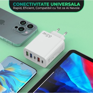 Incarcator Retea, Flippy, 5 Porturi, 65W Fast Charge, 3 x USB, 2 x Type-C, Universal Compatibil iPhone, Huawei, Samsung, Xiaomi, Alb - Img 4