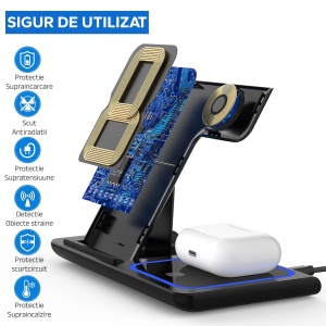 Incarcator Wireless Flippy, Statie Incarcare 3 In 1 Qi Fast Charger 15W, Incarcare Rapida, Compatibil Cu Apple Watch Toate Seriile Airpods Toate Modele si Iphone Android Samsung Huawei Xiaomi, Quick Charge, Negru - Img 4