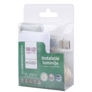 Instalatie Craciun, 10 metri, 100 LED-uri, alb cald, telecomanda 8 functii, USB, fir cupru, liniar, interior/exterior, Flippy - Img 9