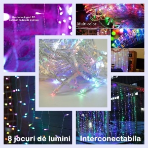Instalatie Craciun, Tip Perdea, 1 m x 1 m, 60 LED-uri, Multicolor, Controler, 8 jocuri de lumini, Interconectabila, Fir transparent, Interior/ Exterior, Yoto - Img 7