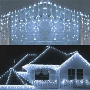 Instalatie Craciun Turturi, IP44, 10 m, 286 Led-uri ,Perdea Franjurata, Albastru, 8 jocuri de lumini, Transformator 31 V, Putere 9 W, Interconectabila, Interior/Exterior, Prelungitor 3 m inclus, Fir Transparent, Flippy - Img 6