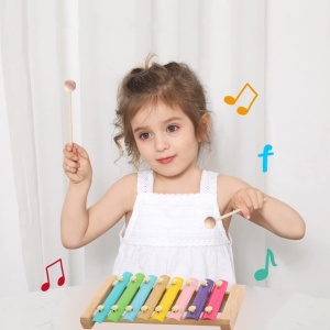 Instrument Muzical Xilofon Flippy, din Lemn, 8 Note Muzicale, 2 Bete de Percutie, 4-6 Ani, Multicolor Pastel - Img 6