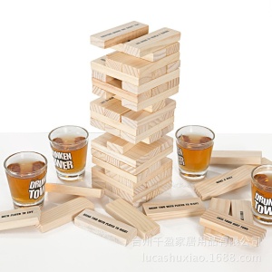 Joc de Baut Jenga Flippy, Turnul Betivului din Lemn, Piese cu Provocari, Pahare de Shot din Sticla Incluse, 19 x 7 x 20 cm - Img 6