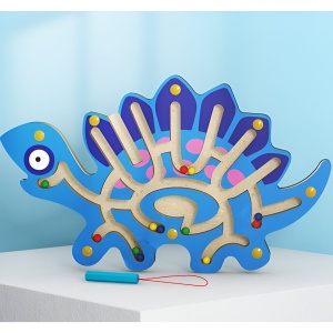 Joc Montessori cu Bile, Flippy, Creion Magnetic, Tip Labirint, din Lemn, Model Stegozaur, 25x15.5 cm, Albastru - Img 2