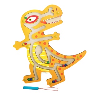 Joc Montessori cu Bile, Flippy, Creion Magnetic, Tip Labirint, din Lemn, Model Tiranozaur, 21x18 cm, Portocaliu - Img 1