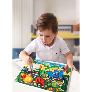 Joc Montessori de Sortare Culori, Flippy, Creion Magnetic, Tip Labirint Ilustrat, din Lemn, Model Animale Salbatice, 39x29x1.5 cm - Img 5