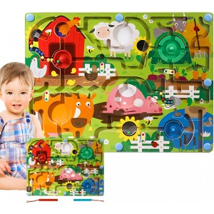 Joc Montessori de Sortare Culori, Flippy, Creion Magnetic, Tip Labirint Ilustrat, din Lemn, Model Ferma, 39x29x1.5 cm - Img 6