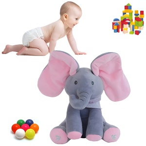 Jucarie Interactiva pentru Copii, Flippy, Elefantel Peek-a-boo, Muzica, Misca Urechile, Alimentare cu Baterii, 30 cm, Roz-Gri - Img 10