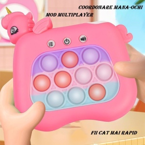 Jucarie Interactiva Tip Consola pentru Copii, Flippy, Diferite Moduri de Joc, 120 Nivele, Material ABS/silicon, Sunete si Lumini, 13.5 x 5.5 x 12.5 cm, Model Unicorn, Fucsia - Img 3