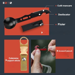 Kit supravietuire multifunctional 13 in 1 Flippy, Instrumente profesionale, agatatoare ghiozdan, pentru Camping, Drumetii, Aventuri in aer liber, borseta inclusa, model cutie, negru - Img 2