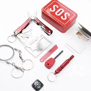 Kit supravietuire multifunctional Flippy, Instrumente profesionale, tip cutie, pentru Camping, Drumetii, Aventuri in aer liber, borseta inclusa, rosu - Img 1