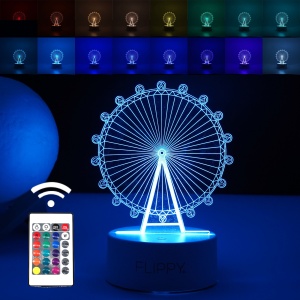 Lampa LED decorativa, Flippy, 3D, Roata Panoramica, cu telecomanda, doua moduri de alimentare USB si baterii, 20 cm inaltime, din material acril si lumina multicolora, alb - Img 1