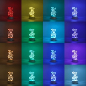 Lampa LED decorativa, Flippy, 3D, Urs cu palarie, cu telecomanda, doua moduri de alimentare USB si baterii, 20 cm inaltime, din material acril si lumina multicolora, alb - Img 3