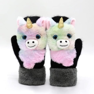 Manusi pentru Copii, Flippy, din Plus cu Umplutura de Bumbac, Protectie Termica, 24 x 20 x 3 cm, Model Unicorn 3D, Roz/Negru - Img 3