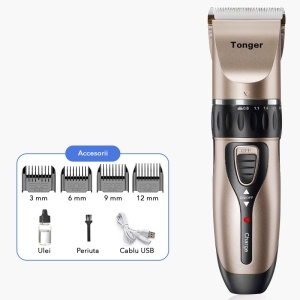 Masina De Tuns Bebelusi si Copii, Flippy, Lame Cermice si Inox, Fara Fir, Functie Anti Taiere, Silentios, 50 W, 4 Accesorii, Incarcator USB, Gold Negru - Img 2